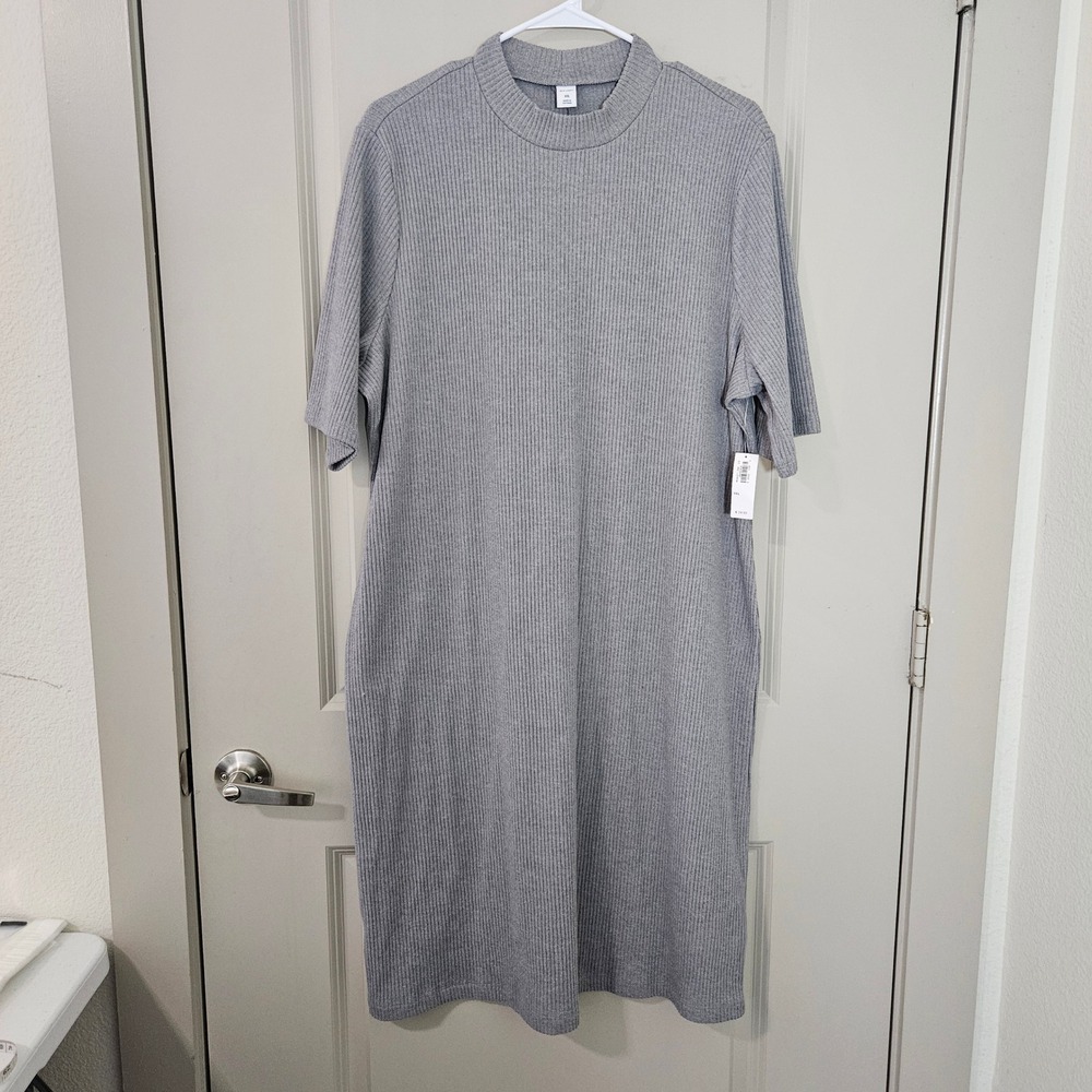 Old Navy Womens XXL Gray Ribbed Mock Neck Short Sleeve Shift Midi Dress NWT NEW